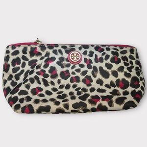Tory Burch Pink and White Leopard Print Cosmetic Bag